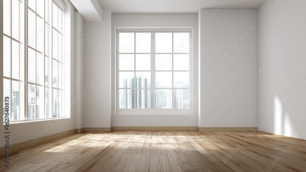 Fototapeta premium Sunlit minimalist room with panoramic windows. AI image