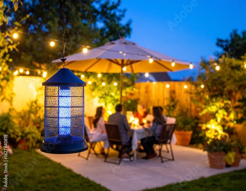 A backyard scene at night with a bug zapper appliance glowing blue, hung near a garde 