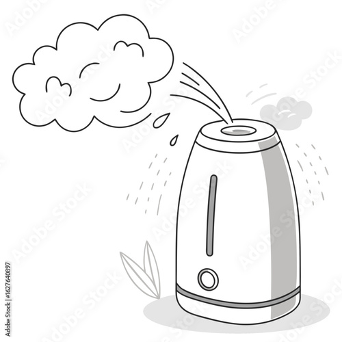 Humidifier releasing mist and water droplets isolated on white background