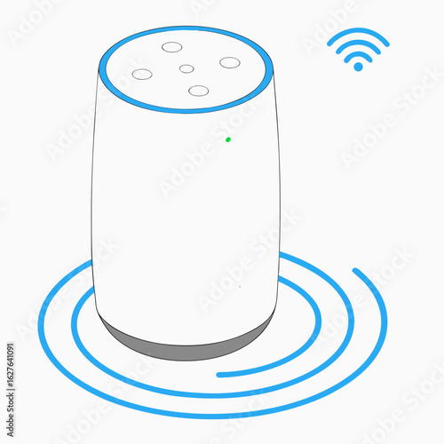 Smart speaker with wi fi signal and sound waves isolated on white background