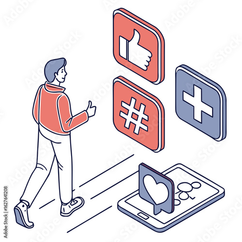 Man interacting with social media icons and phone isolated on white background