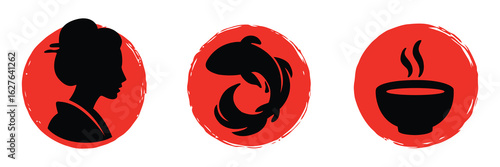 Japanese culture icons vector set with geisha silhouette, koi fish, and tea bowl in black on red brushstroke circle background
