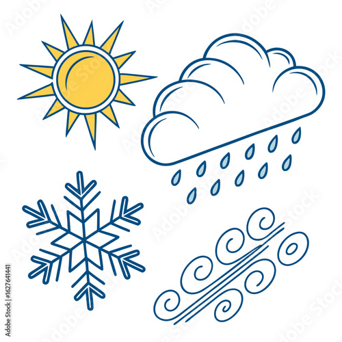 Collection of weather icons including sun rain snow and wind isolated on white background