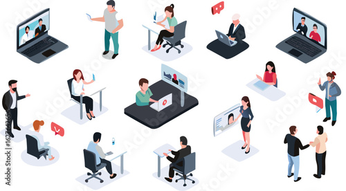 Isometric view of people working remotely with laptops and video conferencing in a virtual office space