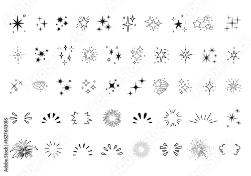 Doodle line sparkle vector set, sparkling star, dynamic light cartoon explosion comic burst twinkle star, shining stars firework effect, decorative glowing highlight hand-drawn flash elements