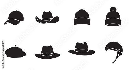 Eight black silhouette headwear icons including baseball cap cowboy hats beanies fedora and helmet