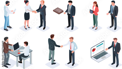 Isometric illustration of business professionals collaborating and interacting in various scenarios