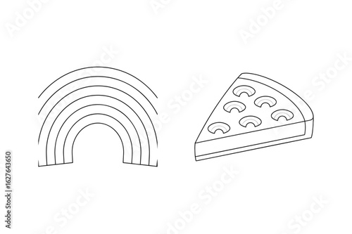 Rainbow arc and pizza slice with toppings food