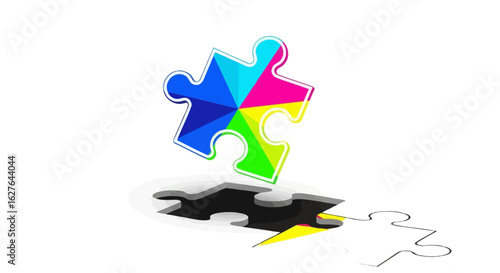 Colorful puzzle piece fitting into a jigsaw shaped hole symbolizing solutions