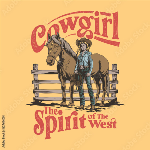 Vintage cowgirl illustration with horse and western typography, the spirit of the west retro design