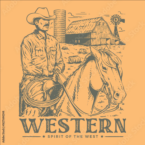 Vintage western cowboy illustration riding horse with barn, windmill, and farm background, spirit of the west design