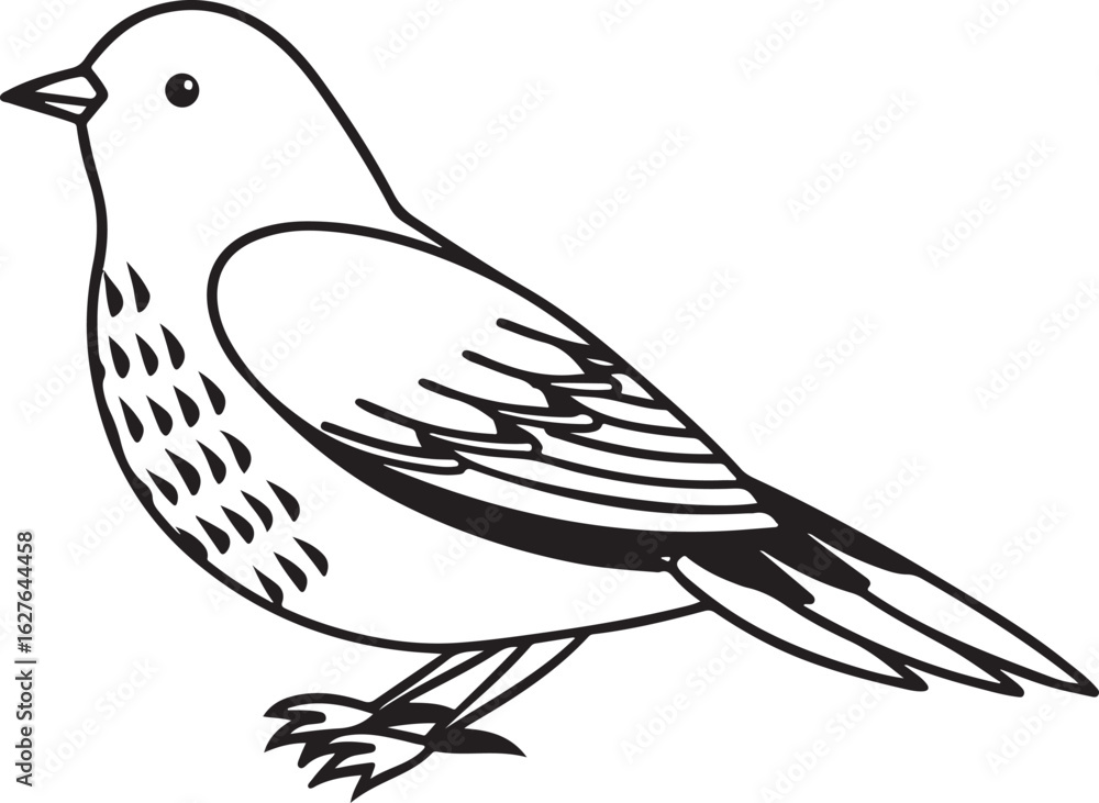 Fototapeta premium A simple black and white line drawing of a small bird with detailed feathers and a gentle expression perfect for educational or artistic purposes