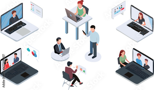 Isometric view of people video conferencing and working on laptops in a virtual meeting space setup