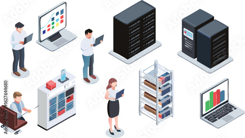 Isometric depiction of people interacting with technology and server infrastructure elements in a workspace