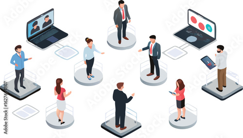 Isometric view of people on platforms connected by laptops and tablets in a virtual environment setup