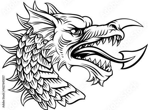Welsh Dragon head, symbol of Wales, an original heraldic illustration in a retro woodcut etching vintage style