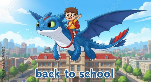 perspective view of a boy with glasses back to school rides white and blue dragon, cartoon illustration, night fury, toothless