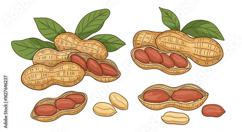 Peanut pods with leaves and shelled kernels in various arrangements