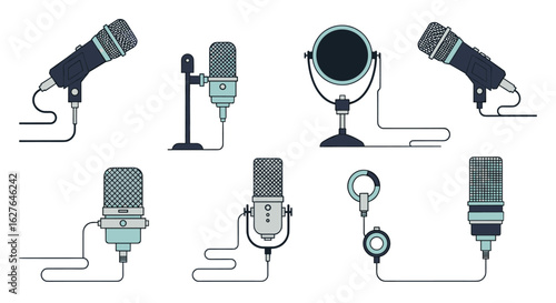 Collection of modern microphones for audio recording and broadcasting production