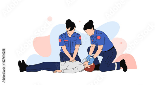 Emergency medical responders performing cardiopulmonary resuscitation on unconscious patient during critical health crisis situation