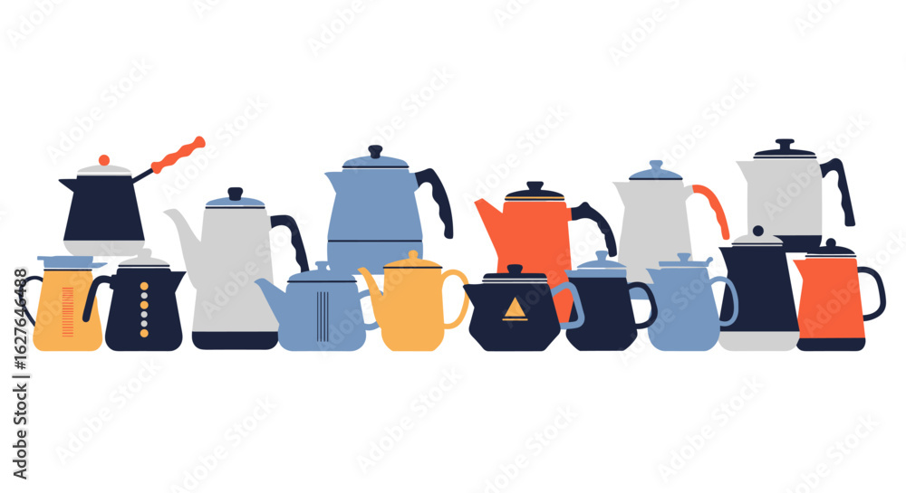 Fototapeta premium Variety of coffee pots and kettles arrayed collection for beverage preparation