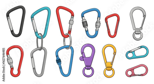 Collection of versatile metal and plastic carabiner clips for outdoor activities and everyday use