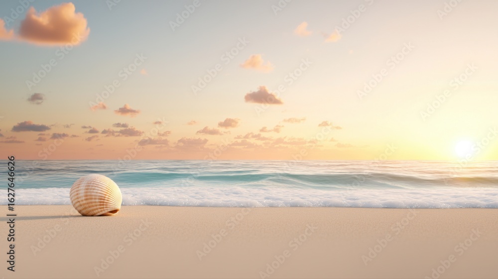 Obraz premium Seashell on Tropical Beach at Sunset with Ocean Waves seashell beach ocean sunset tropical shell sea