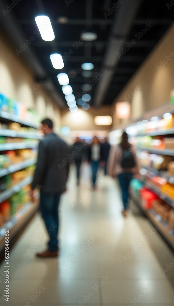 Generative AI Supermarket aisle with blurred customers browsing product shelves and bright lights Generative AI Supermarket aisle with blurred customers browsing product shelves and bright lights