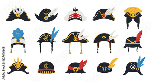 Collection of historical military hats with feathers and decorative embellishments