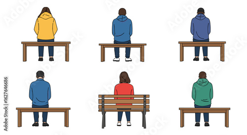 Individuals sitting on benches facing away from the viewer demonstrating social spacing and personal space