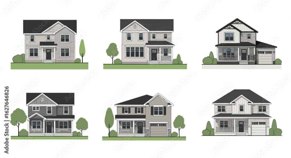 Fototapeta premium Collection of modern suburban family homes offering comfortable living spaces and attractive curb appeal