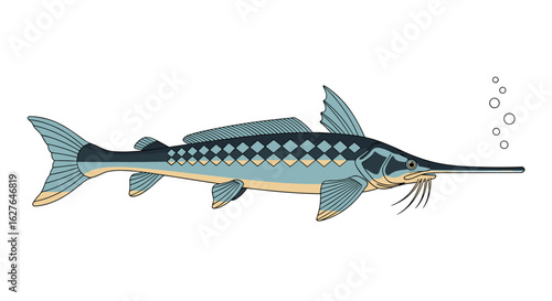 Ancient paddlefish long snout aquatic creature with bubbles illustration