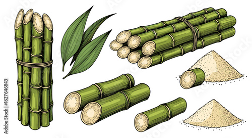 Harvested sugarcane stalks and granulated sweetener ingredients for production