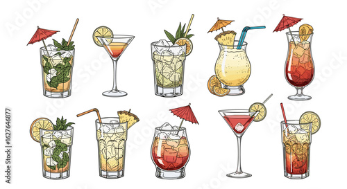 Collection of refreshing tropical cocktails with garnishes and umbrellas