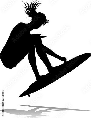 Surfer surfboard boarding female surfer surfing silhouette outline. Woman surf pose design concept.