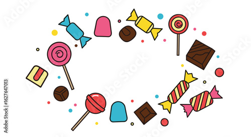 A whimsical assortment of sweet treats and colorful candies forming a festive border