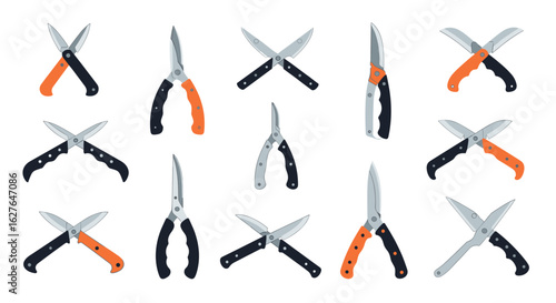 Collection of garden pruning shears and hand tools for yard work and horticulture