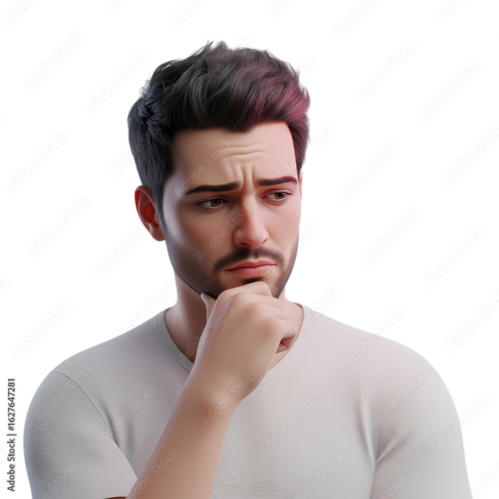 Thoughtful young man with dark hair and a beard pondering deeply isolated on transparent background Thoughtful young man with dark hair and a beard pondering deeply isolated on transparent background