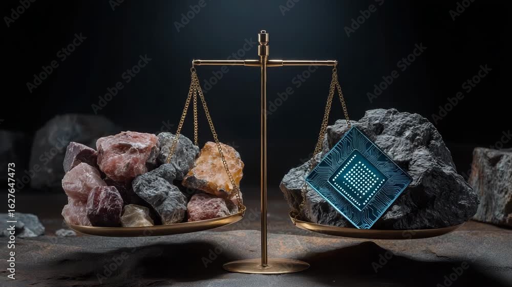 Scale with two rocks on each side. dramatic scale weighing raw rare ...