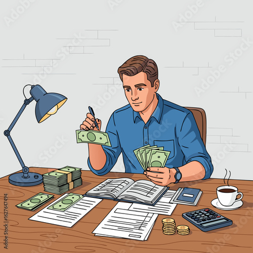 A focused man in a blue collared shirt sitting at a desk counting cash and managing financial documents.