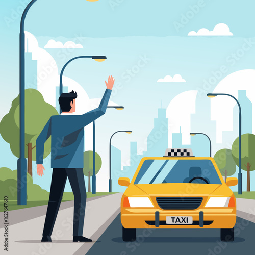 Businessman in a blue suit and black pants hailing a bright yellow taxi cab.