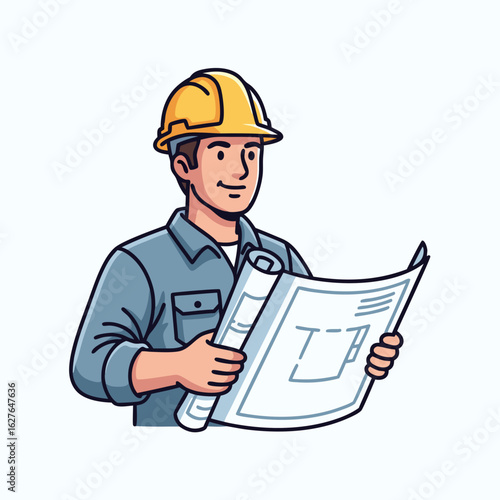 Cartoon construction worker in a yellow hard hat and blue shirt smiling while reading a blueprint.