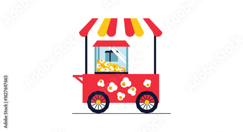 Red popcorn cart with yellow and red striped canopy displaying popcorn snacks