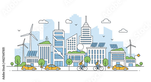 Modern sustainable city skyline with renewable energy sources and green spaces promoting eco-friendly urban living and transportation options