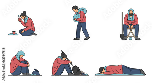 Diverse individuals experiencing homelessness seeking solace and survival in urban settings