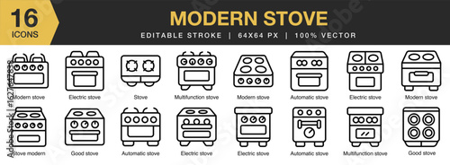 Modern Stove icon set. Editable Stroke Icon Collection. Includes stove, modern, kitchen, home, oven, and More. Outline icons vector collection.