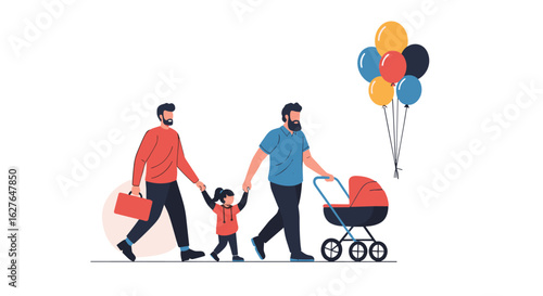 Modern family stroll with child and balloons celebrating togetherness