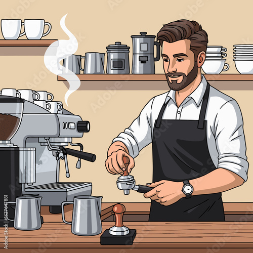 Handsome bearded barista in a black apron tamping espresso grounds into a portafilter.