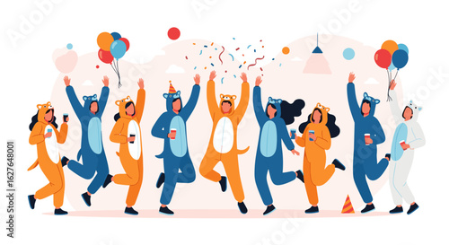 Joyful people celebrating wearing animal costumes with balloons and confetti having great fun