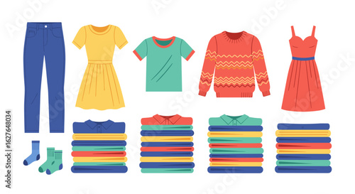 Collection of casual apparel and folded clothing items ready for wear and organization